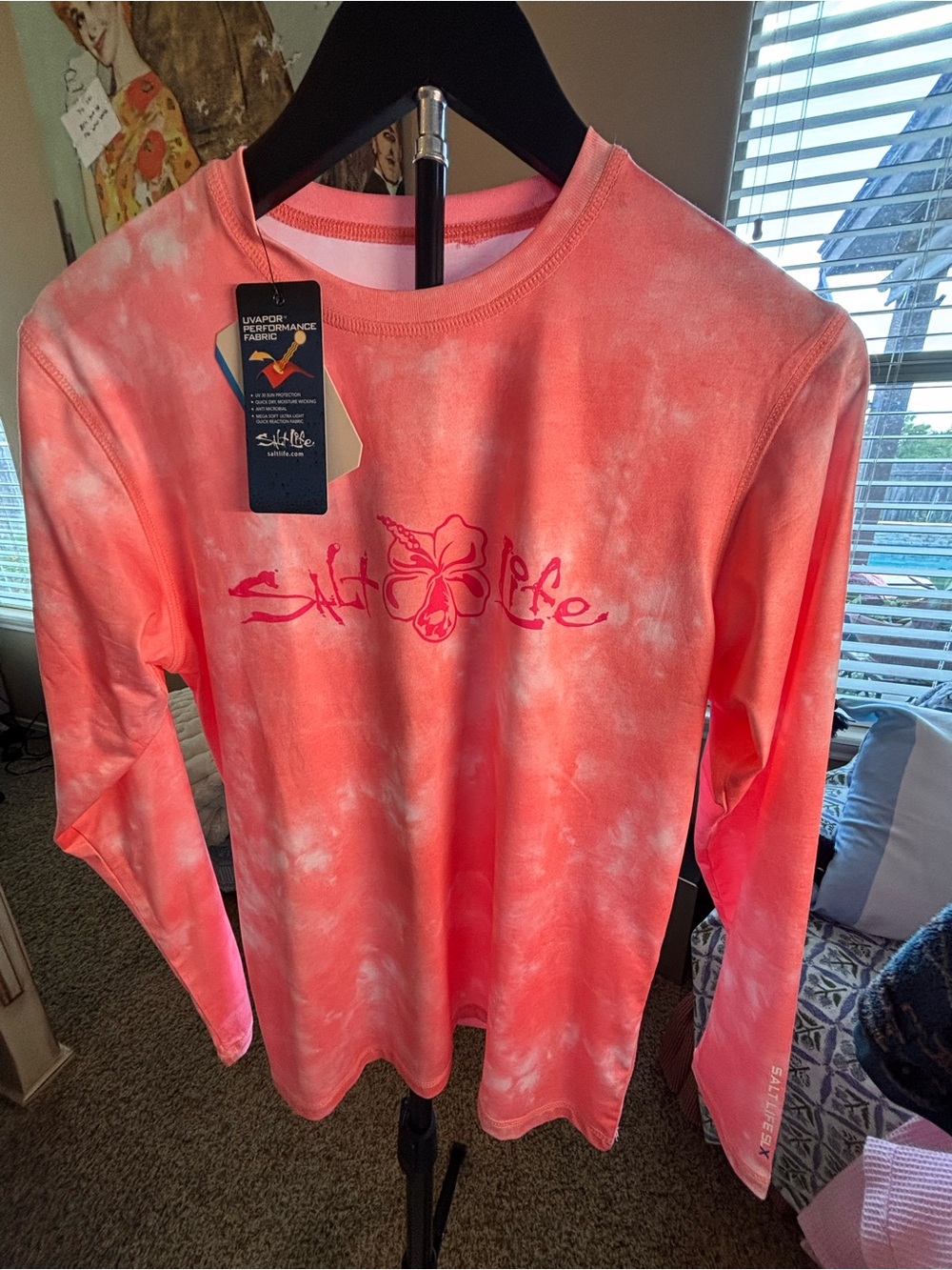 NWT Salt Life Youth XL UVapor Performance Tie-Dye Long Sleeve Shirt Coral Pink